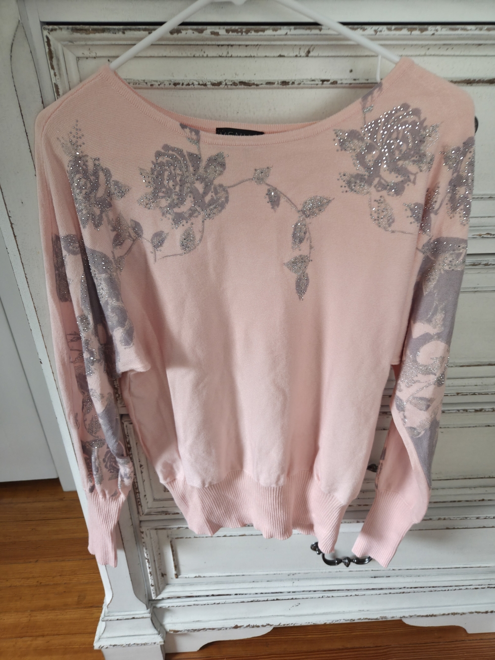 Light Pink Floral Embellished Boatneck Sweater
